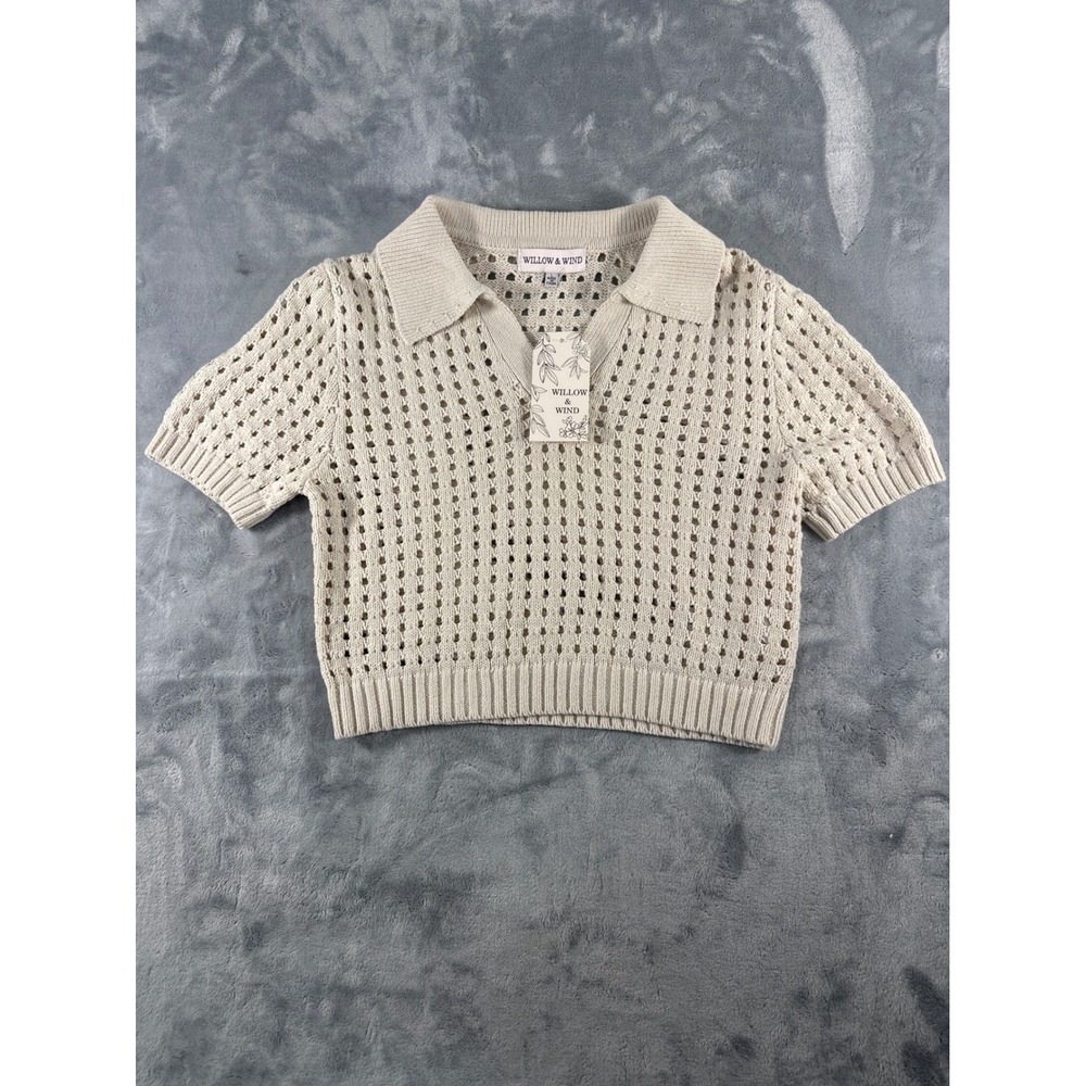 Willow & Wind Cream Crochet Knit Polo Top Short Sleeve Beige Sweater Large NWT